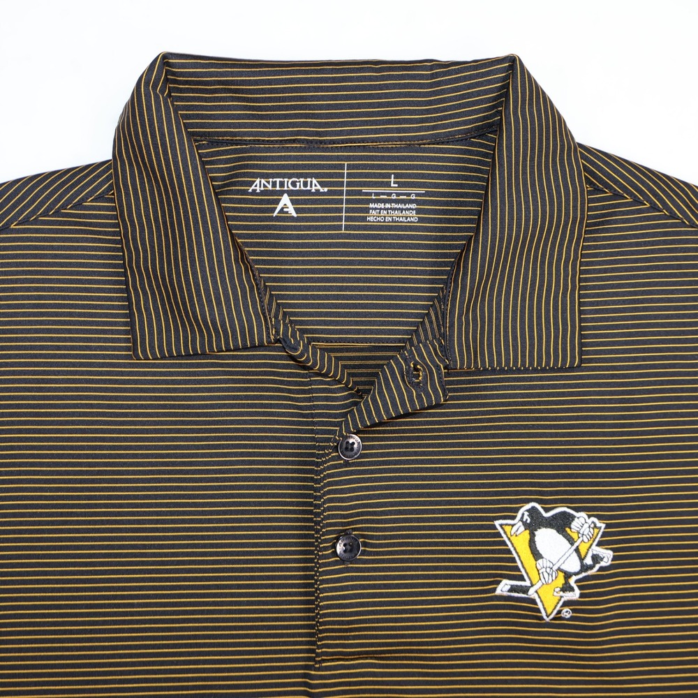 Antigua Pittsburgh Penguins Mens Large Polo Shirt Black Gold Stripe NHL 60202